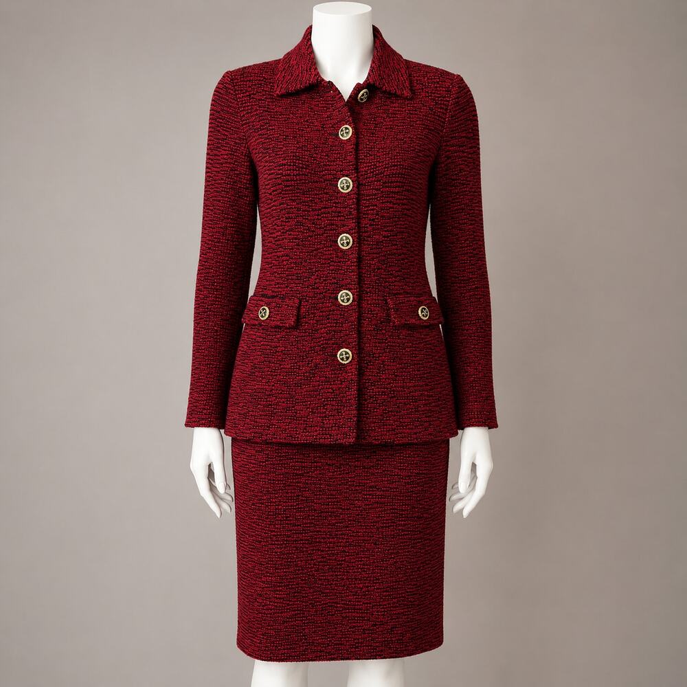 St. John Collection Marie Gray Vintage 80s/90 Knit Skirt Suit Set Red Black Sz 4